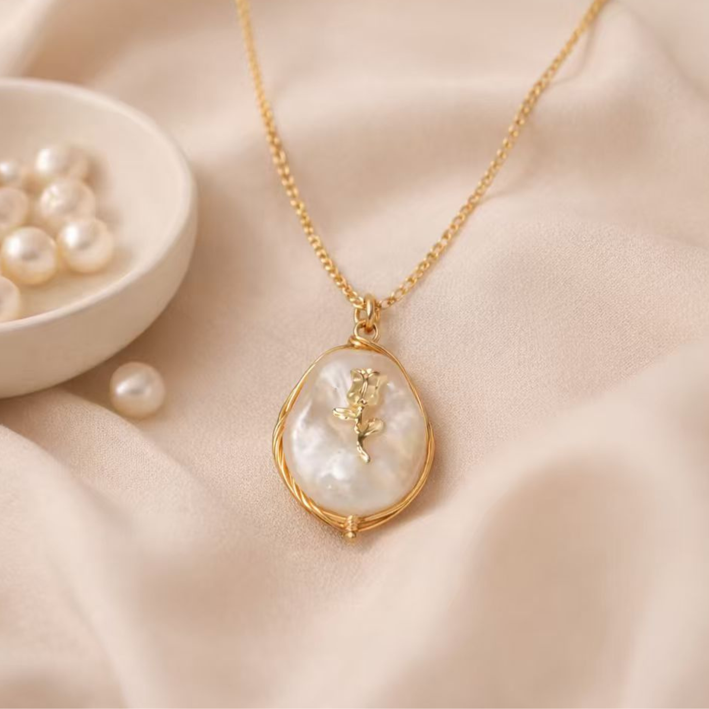 Baroque Freshwater Pearl Necklace with Rose Detail